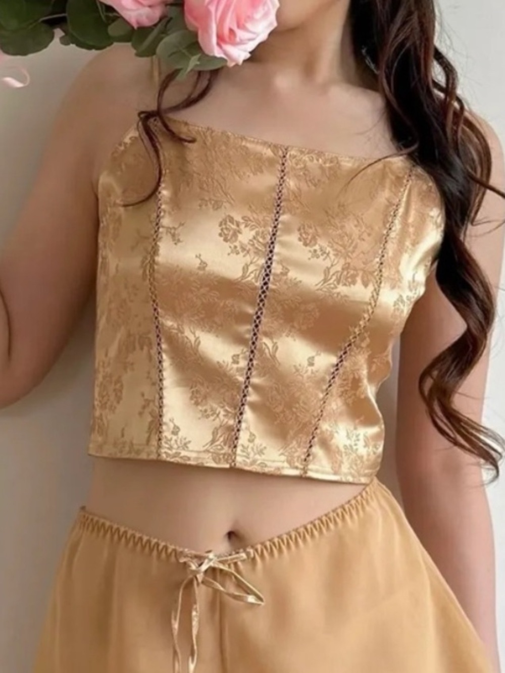 Vintage Victoria’s Secret Gold Floral Jacquard Corset Cami Top Satin - Medium
